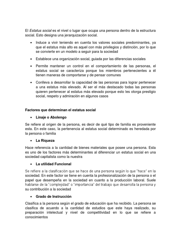 Definición y Clasificación del Estatus Social | PDF | Estatus social ...