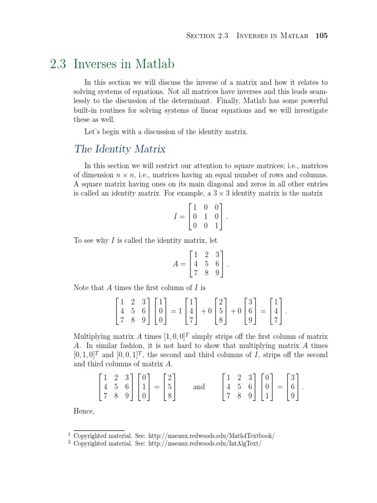 Matrix Inverses and Matlab Solutions | PDF | Determinant | Matrix ...