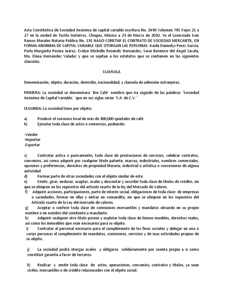 Acta Constitutiva De Sociedad Anonima De Capital Variable Escritura No Liquidacion Compartir Finanzas
