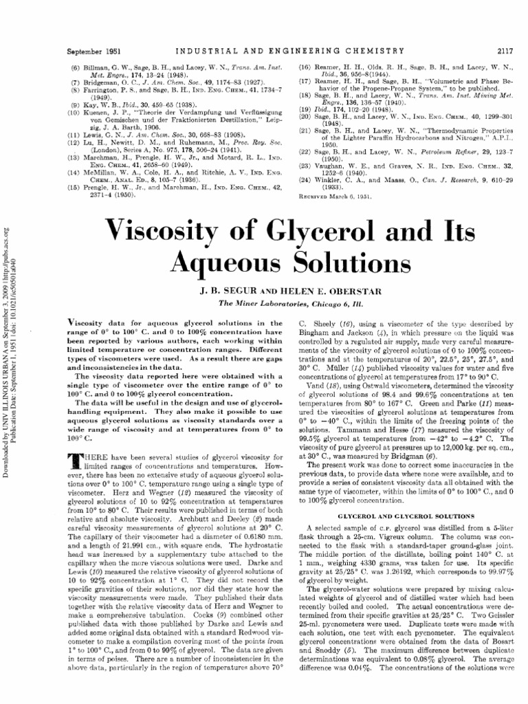 Viscosity of Aqueous Glycerol Solutions | PDF | Viscosity | Gases