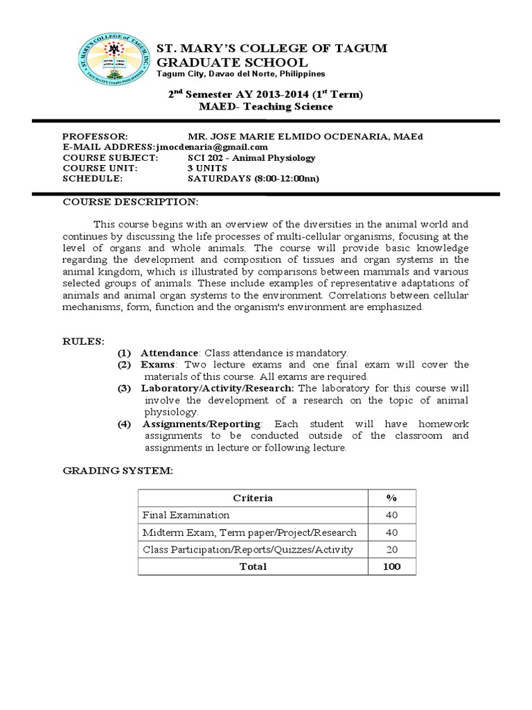 Animal Physiology Course Outline Homework Earth & Life Sciences