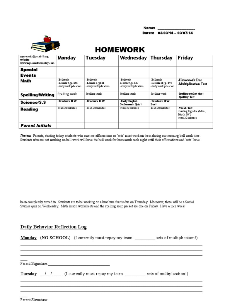 Weekly Homework Schedule: March 3-7 | PDF | Language Arts & Discipline