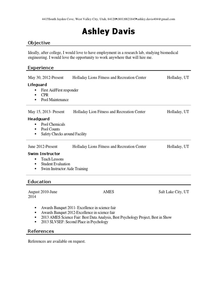 Holladay Lions Swim Instructor Resume | PDF