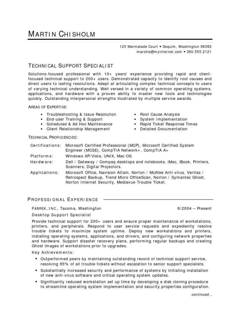 technical support or help desk resume