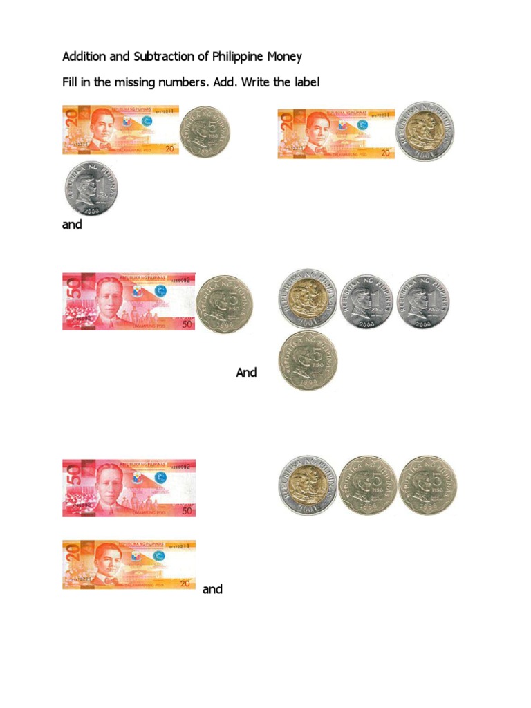 worksheet Counting Bills And Coins Worksheet addition and subtraction of philippine money coins pesos