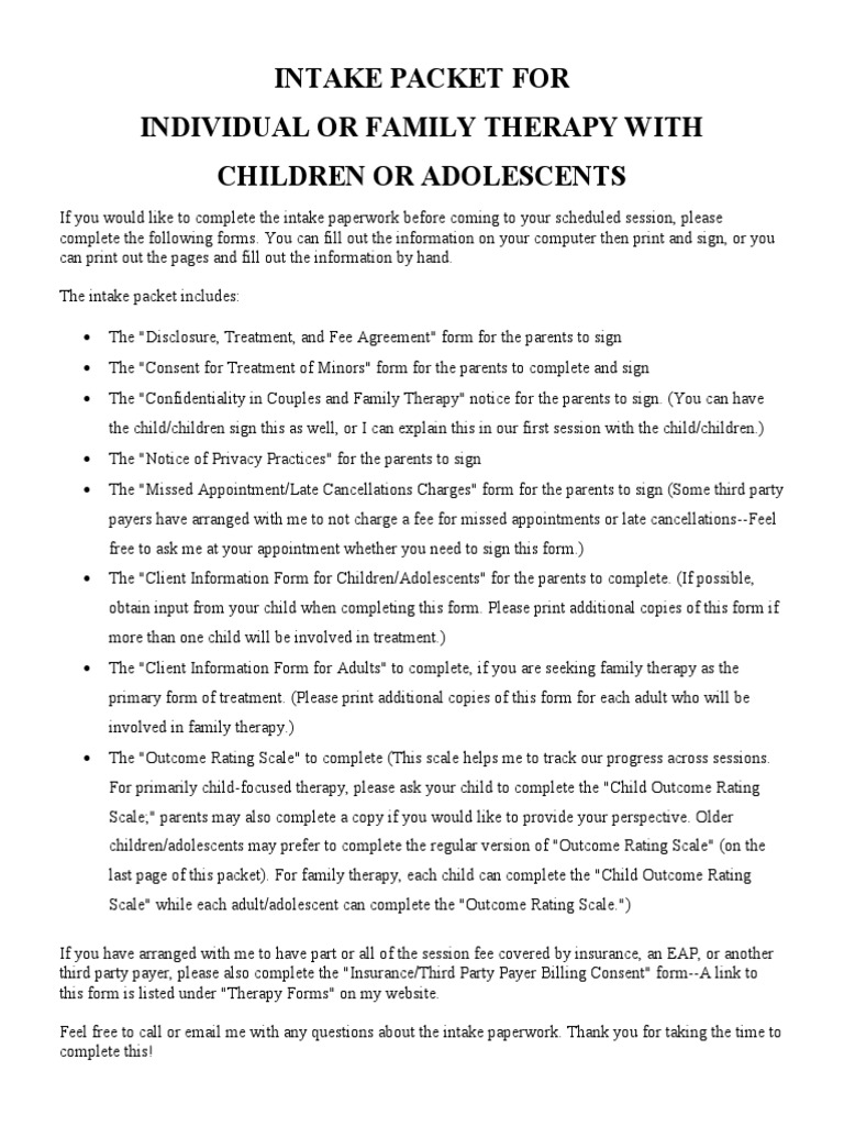 Child and Family Therapy Intake Packet | PDF | Health Insurance ...
