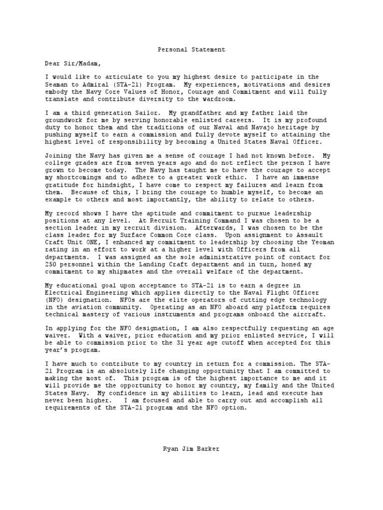 Personal Statement YN3 Officer (Armed Forces) United States Navy
