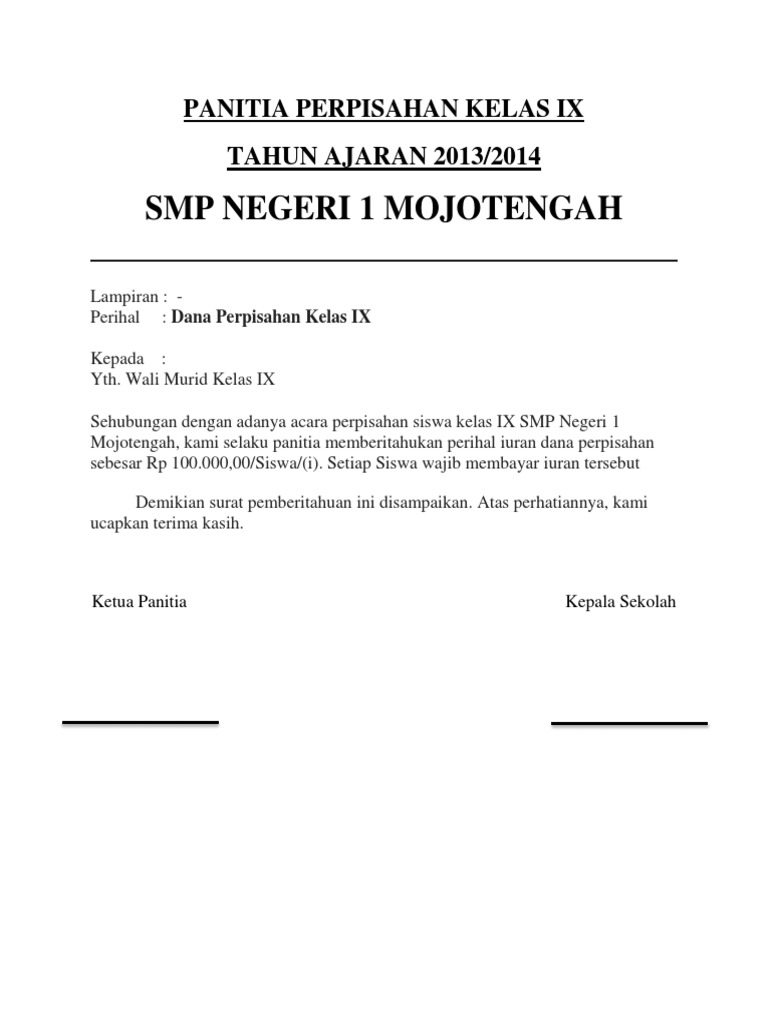Surat Pemberitahuan Perpisahan Smpn 1 Mojotengah