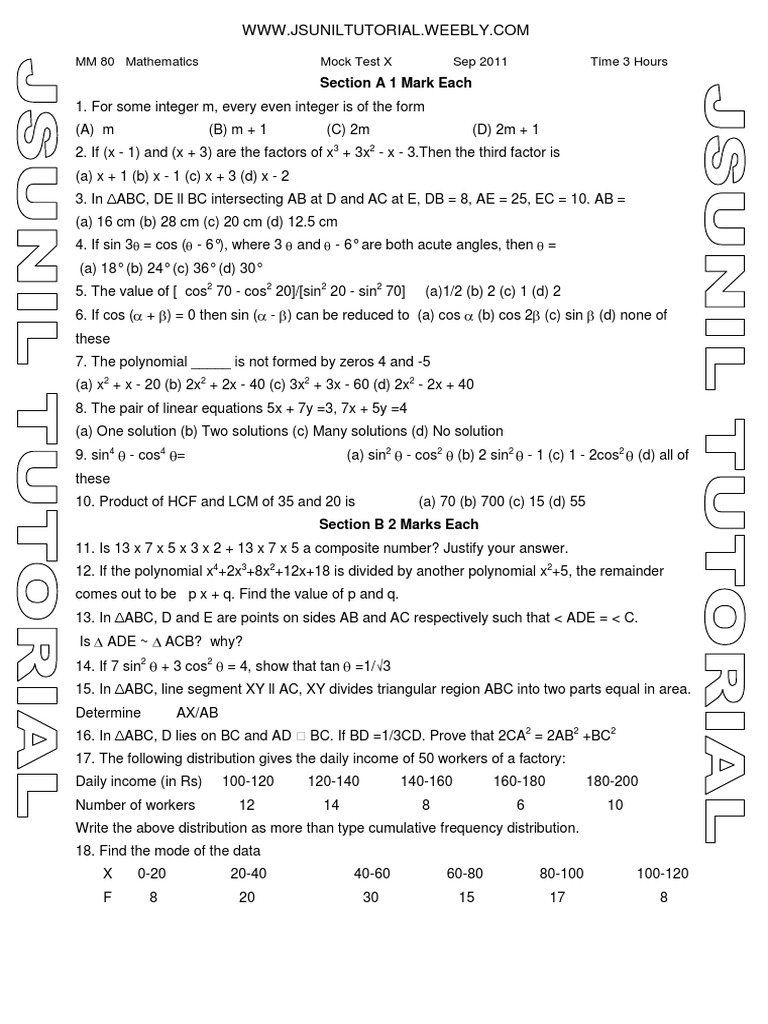 10th Maths Mock Test Sep 2011 | PDF