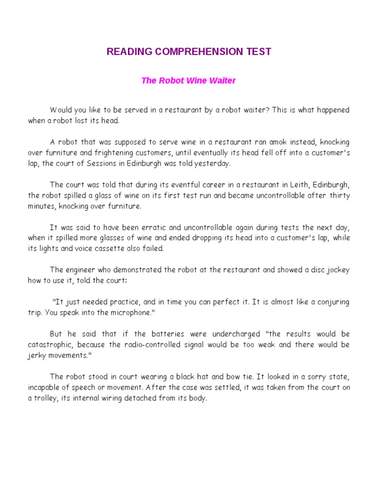 Reading Comprehension Test | PDF | Restaurants