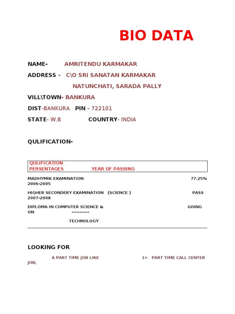 Amritendu Karmakar Bio Data for Jobs | PDF