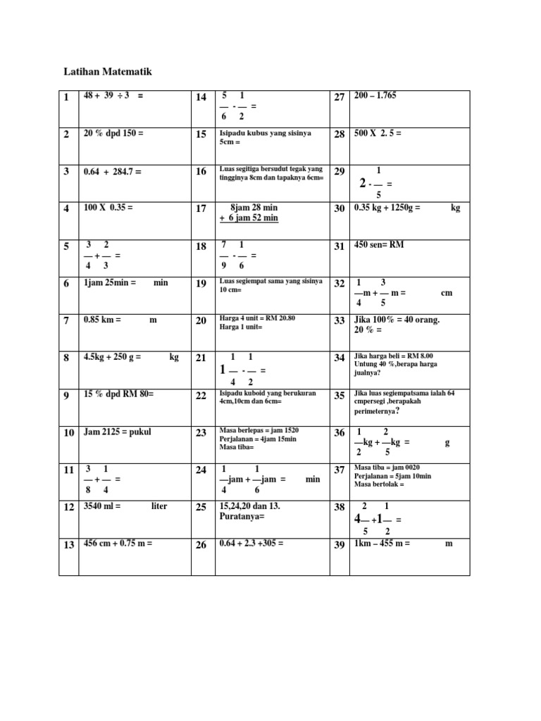 Latihan Soalan Matematik Dasar | PDF