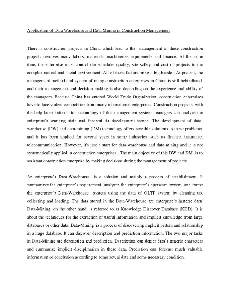 Application of Data Warehouse and Data Mining in Construction ...