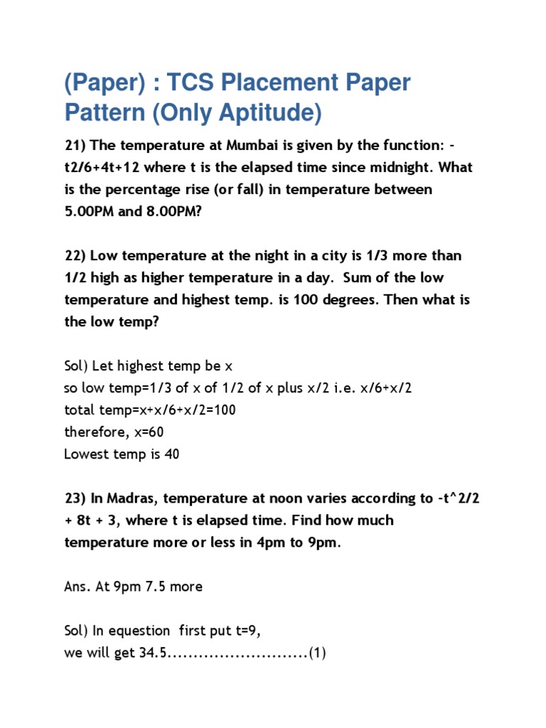 TCS Aptitude Placement Paper Solutions | PDF | Speed | Speed Limit