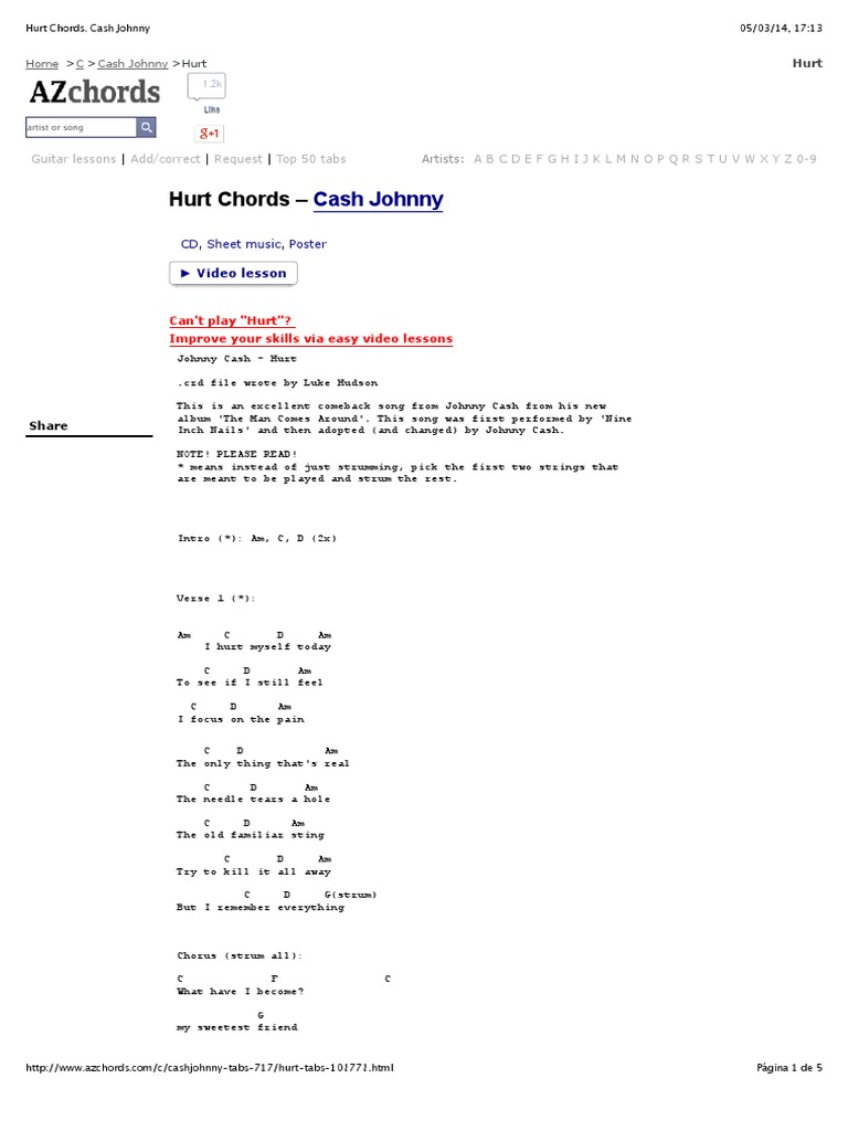 Hurt Chords. Cash Johnny Leisure Entertainment (General)