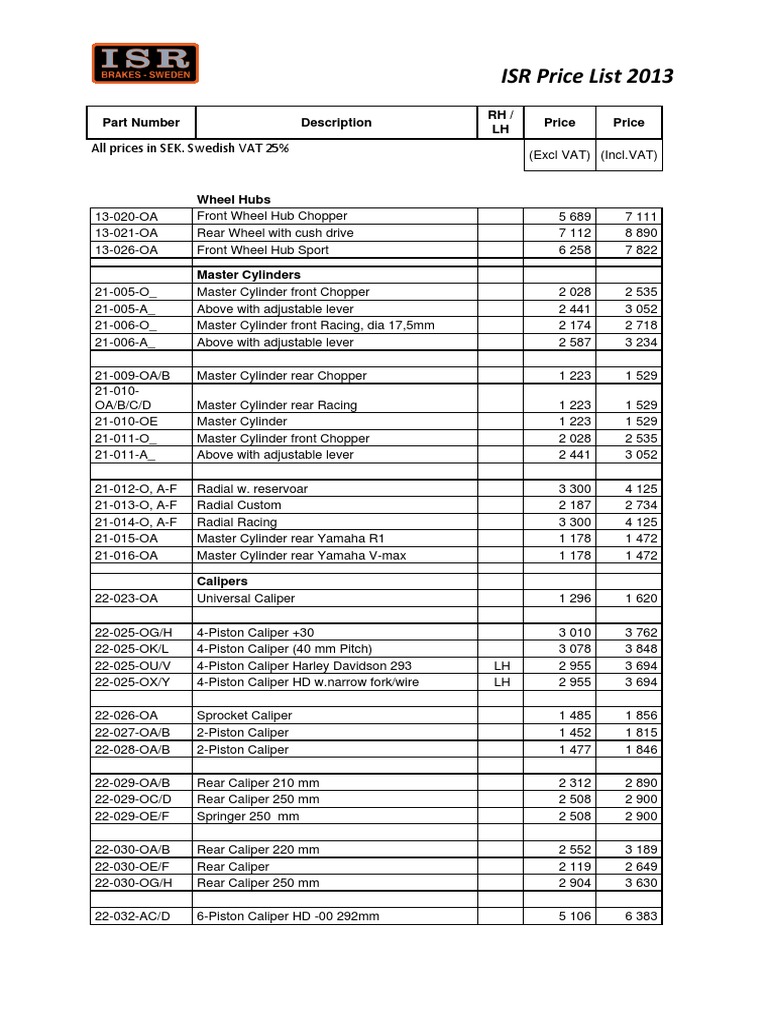 ISR Brake Components Price List 2013 | PDF | Vehicles | Mechanical ...