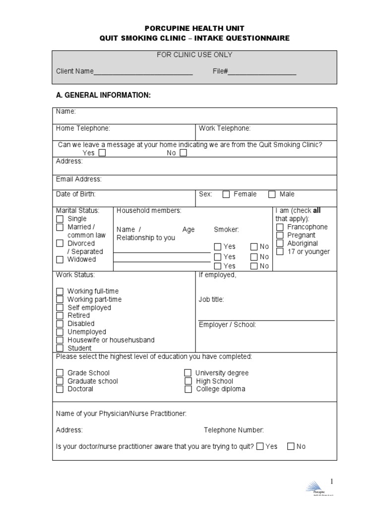 Porcupine Health Unit Quit Smoking Clinic Intake Questionnaire PDF