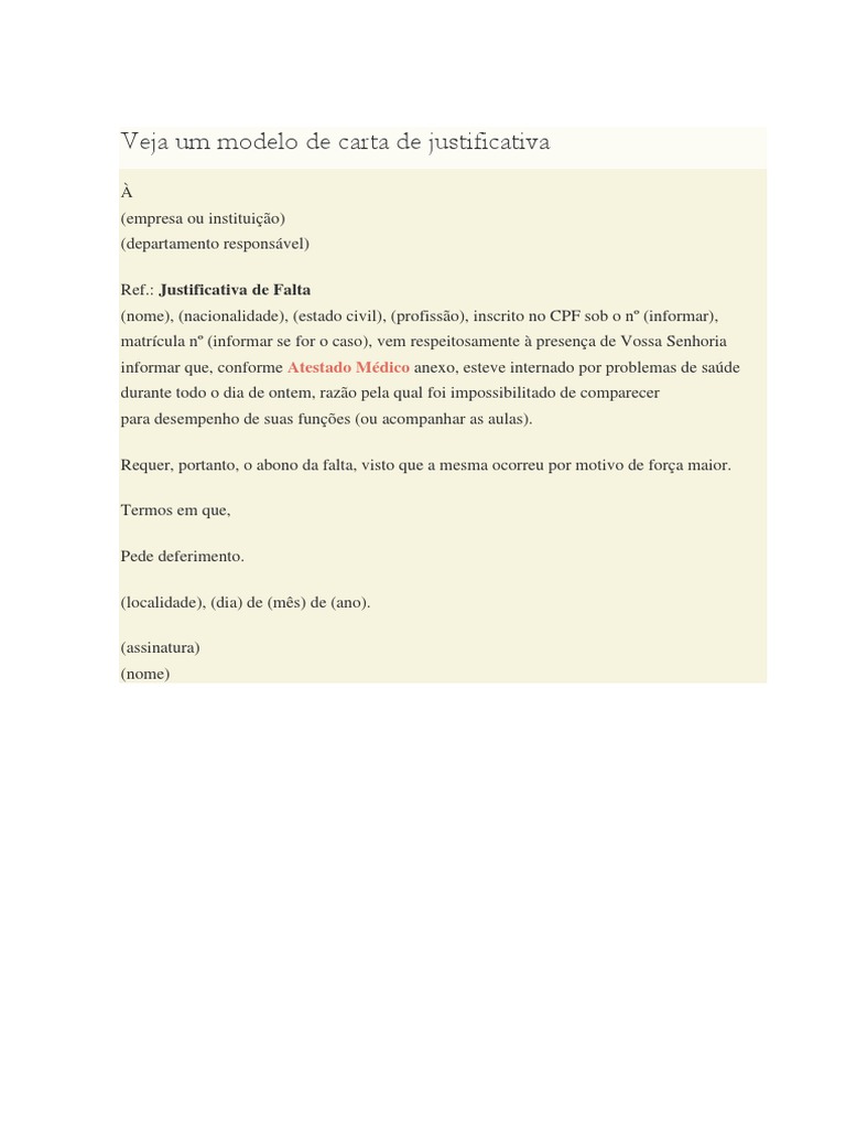 Modelo de Carta de Justificativa