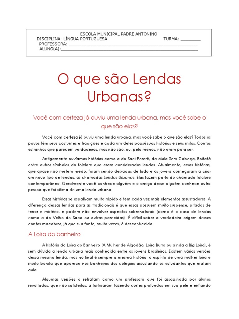 Lendas Urbanas | PDF | Folclore | Lendas