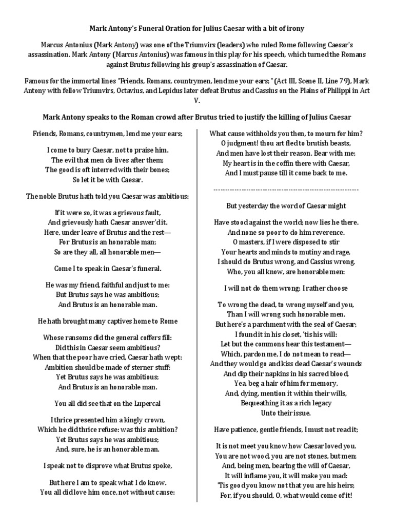 Mark antony funeral speech in simple words picture