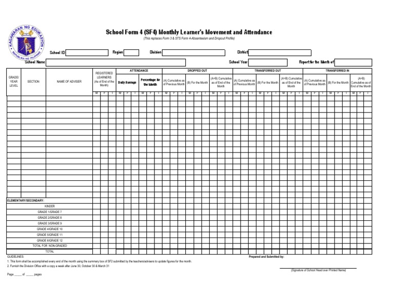 SF 4 Monthly Learner Movement and Attendance Cognition Psychology