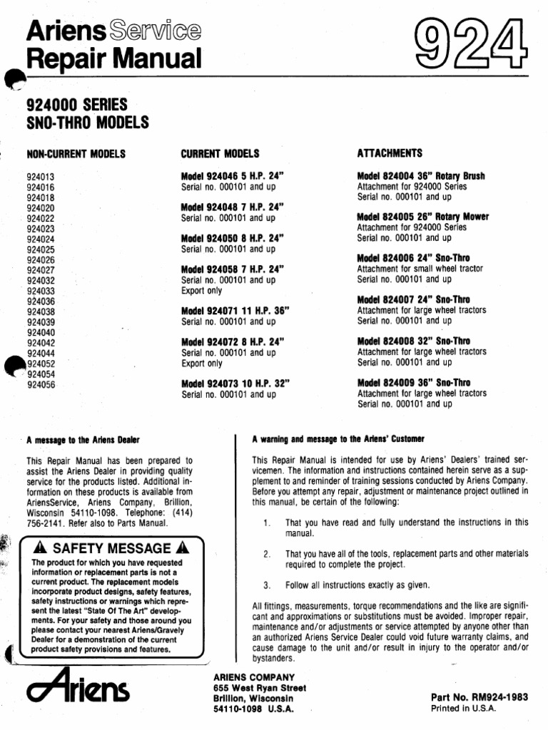 Ariens ST724 Snowblower Repair Manual RM-924-1983