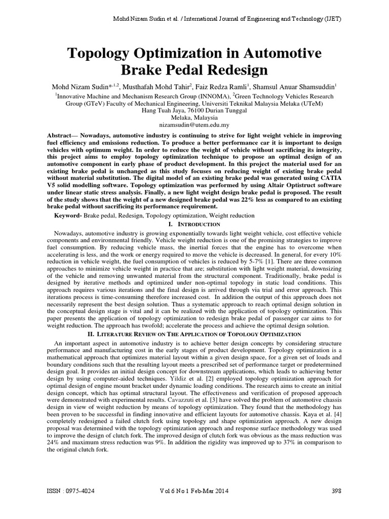 Topology Optimization of Automotive Brake Pedal PDF Mathematical