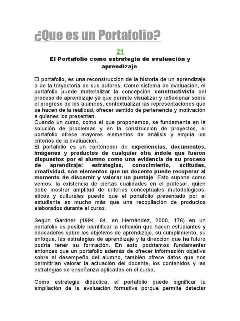 Definición y Uso del Portafolio Escolar | PDF | Evaluación | Aprendizaje