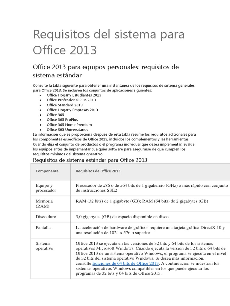 Requisitos Del Sistema para Office 2013 | PDF | Computación de 64 bits |  Microsoft Office