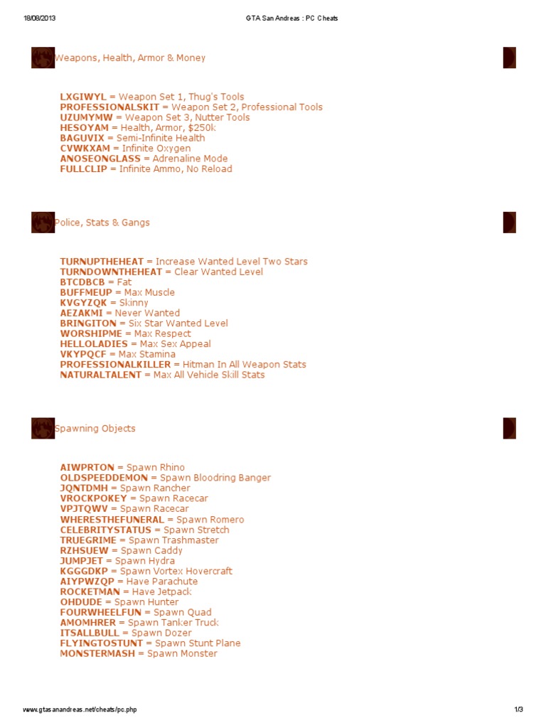 GTA San Andreas PC Cheat Codes List | PDF | Transport | Leisure