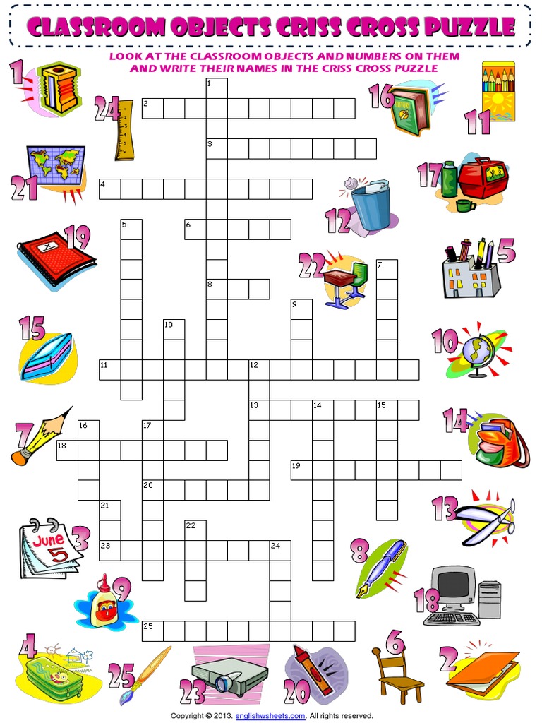 Classroom Objects Supplies Criss Cross Puzzle Vocabulary Worksheet