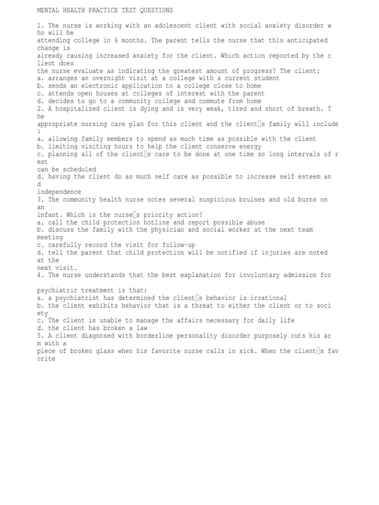 Mental Health Practice Test Questions PDF Nursing Psychiatry