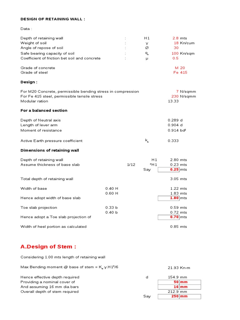 Retaining Wall Design and Calculations | PDF | Continuum Mechanics ...