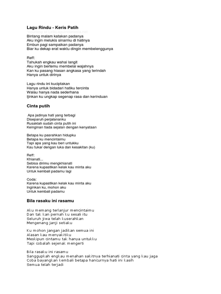 Lirik Lagu Rindu oleh Keris Patih | PDF