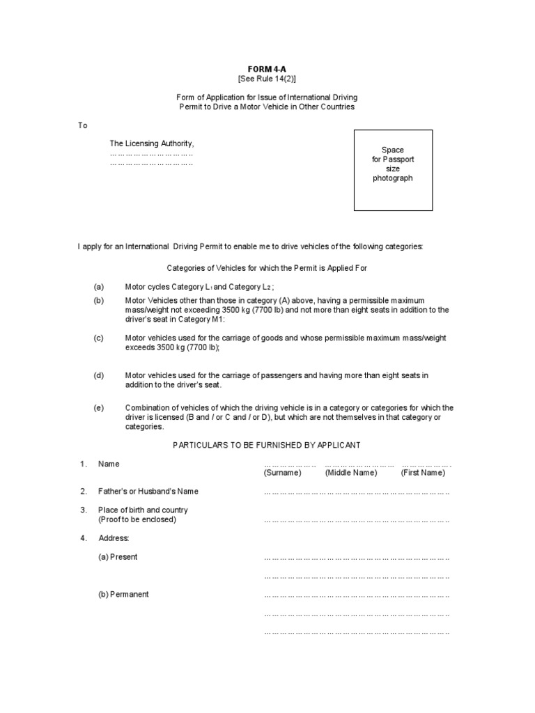 Form of Application For Issue of International Driving Permit To Drive ...
