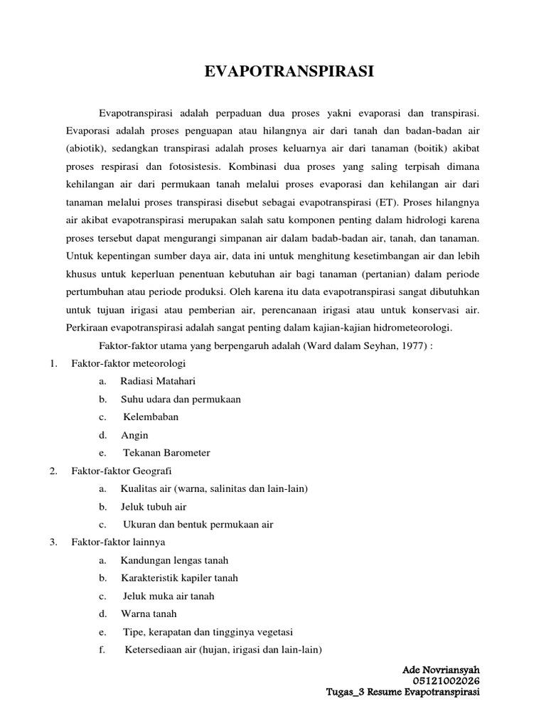 Ade Novriansyah 05121002026 Tugas 3 Resume Dan Soal Evapotranspirasi