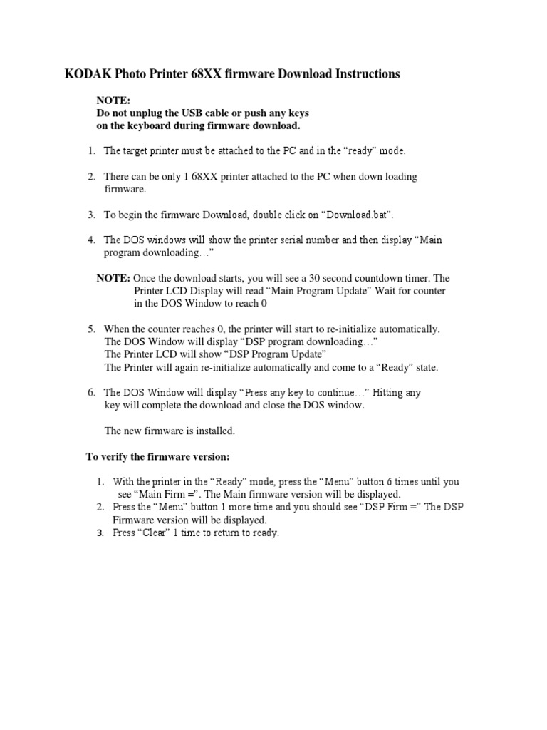 KODAK Photo Printer 68XX Firmware Download Instructions PDF