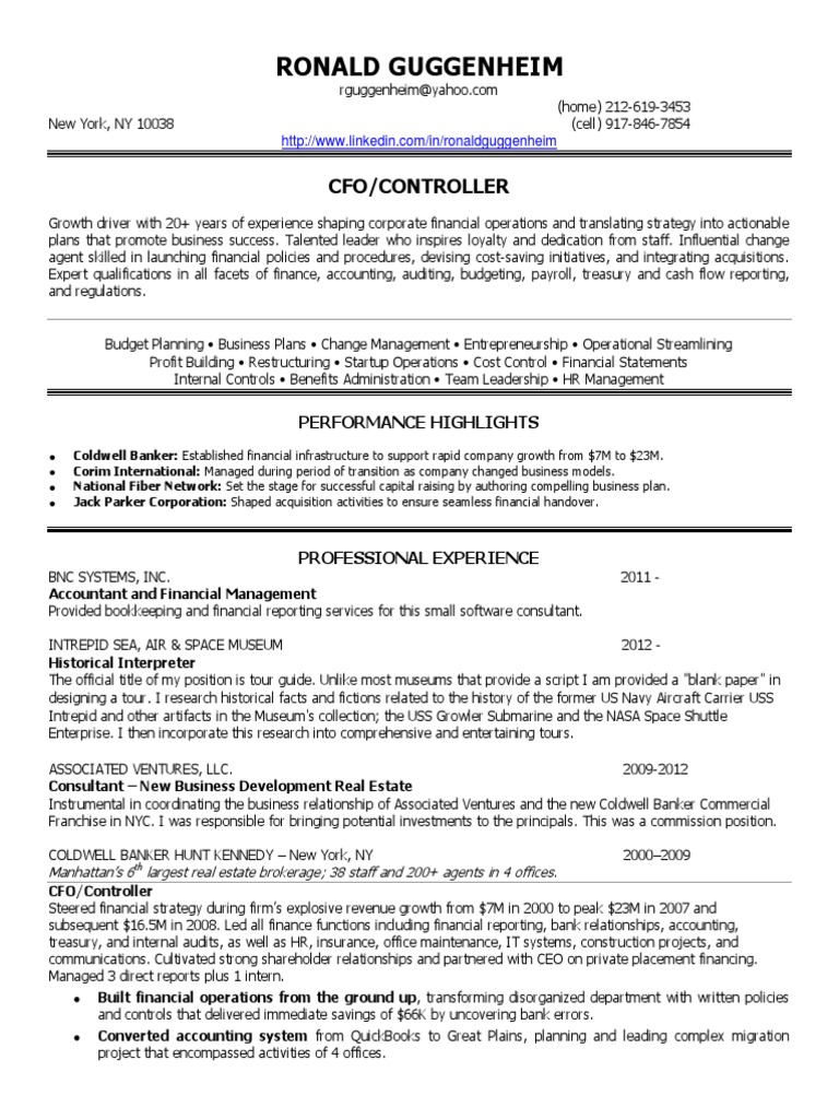 CFO Controller Real Estate in New York NY Resume Ronald Guggenheim