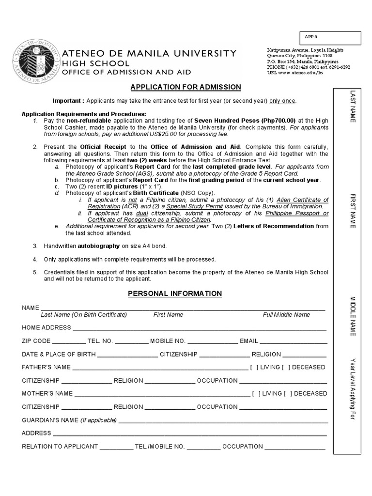 HS Admission Application Form | PDF | Government And Personhood ...