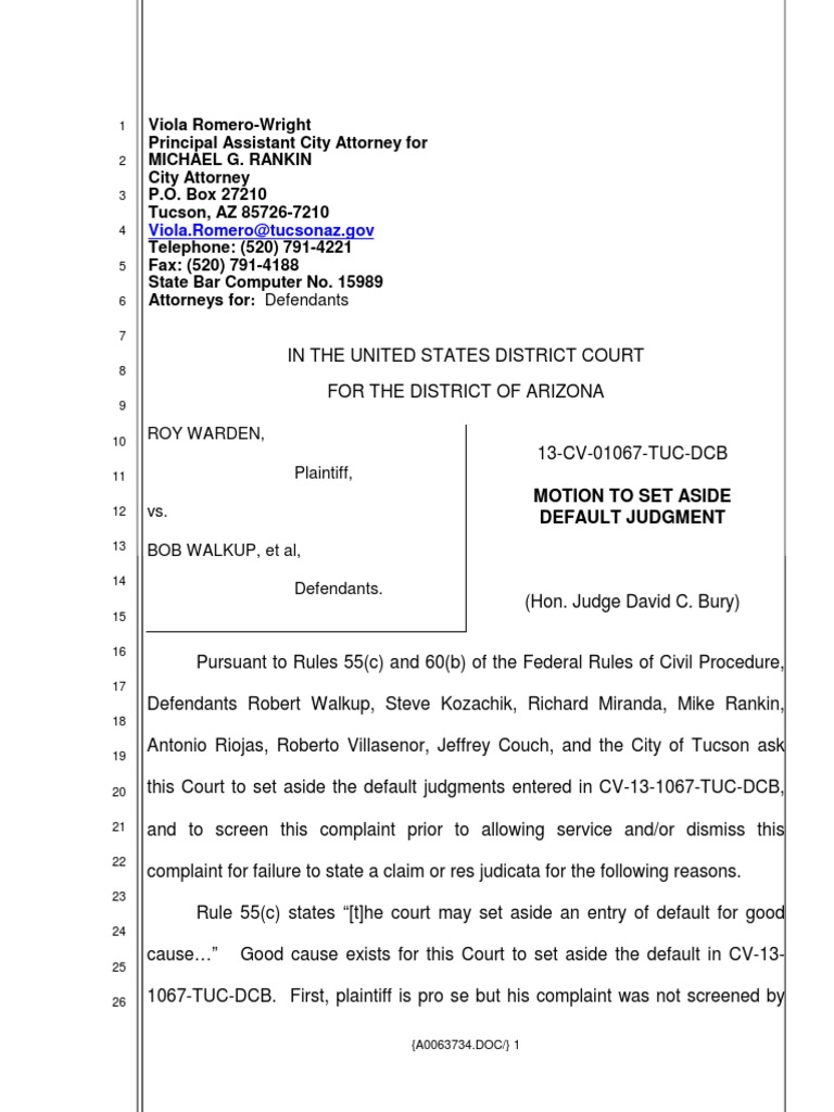Tucson City Defendants File Motion To Set Aside Default Judgment PDF