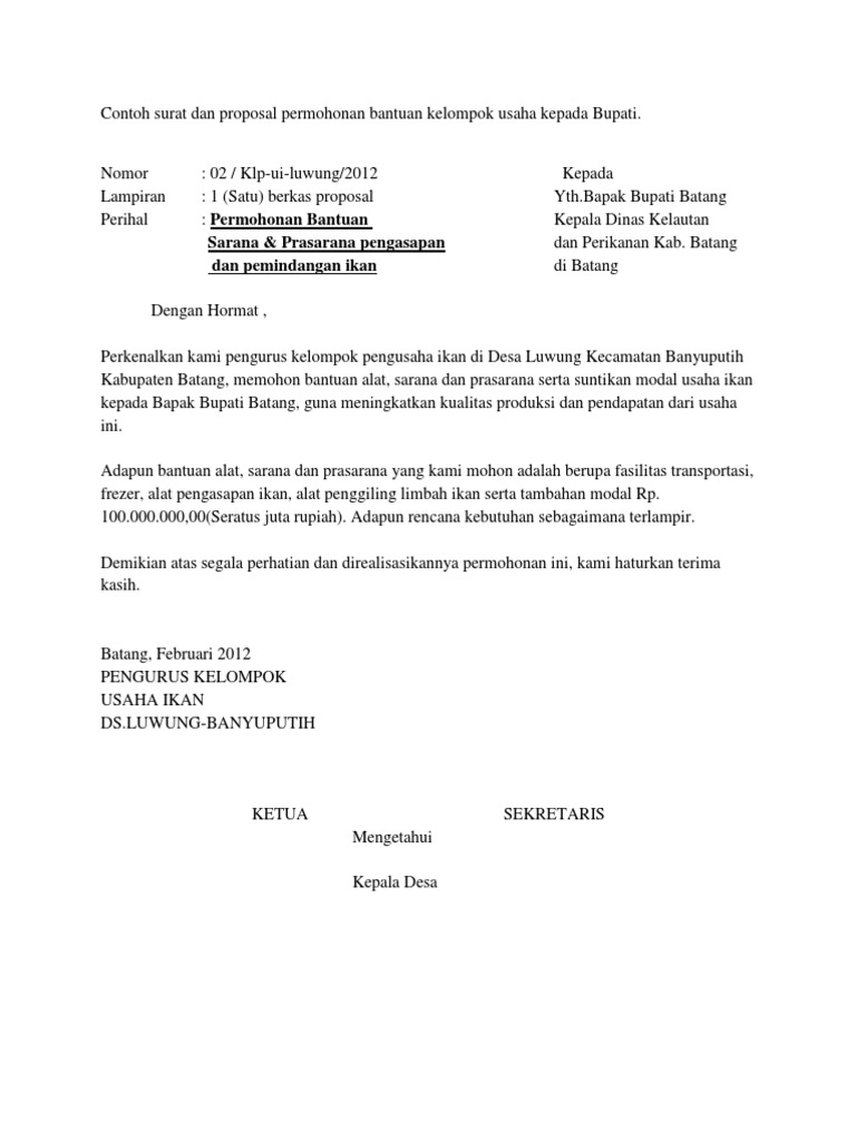 Contoh Surat Dan Proposal Permohonan Bantuan Kelompok Usaha Kepada Bupati