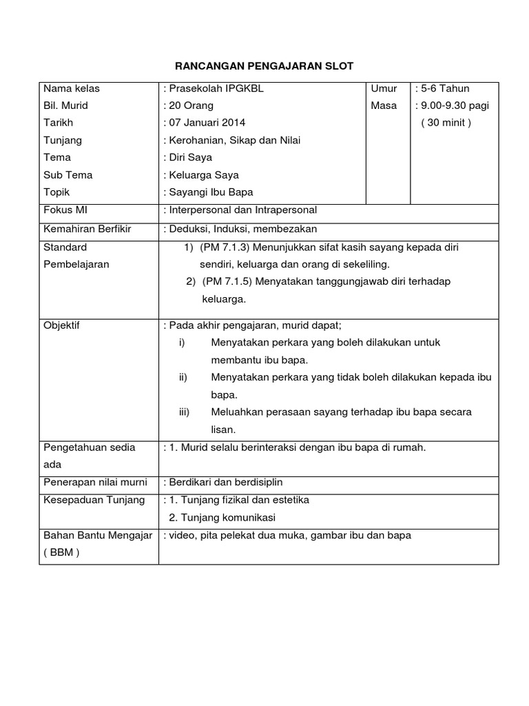 Rancangan Pengajaran Slot Prasekolah Pdf