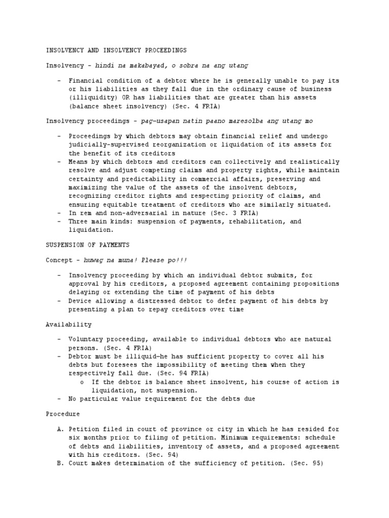 Suspension of Payments Notes Insolvency Bankruptcy