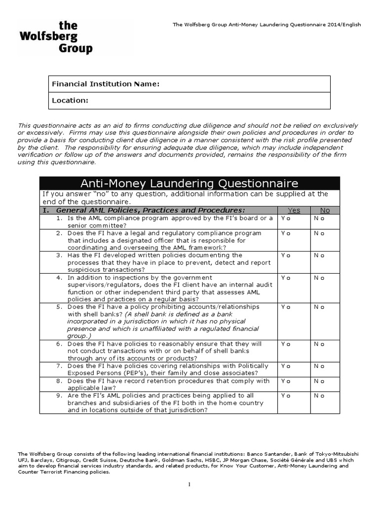 Wolfsberg Anti Money Laundering Questionnaire 2014 Pdf Money Laundering Service Industries