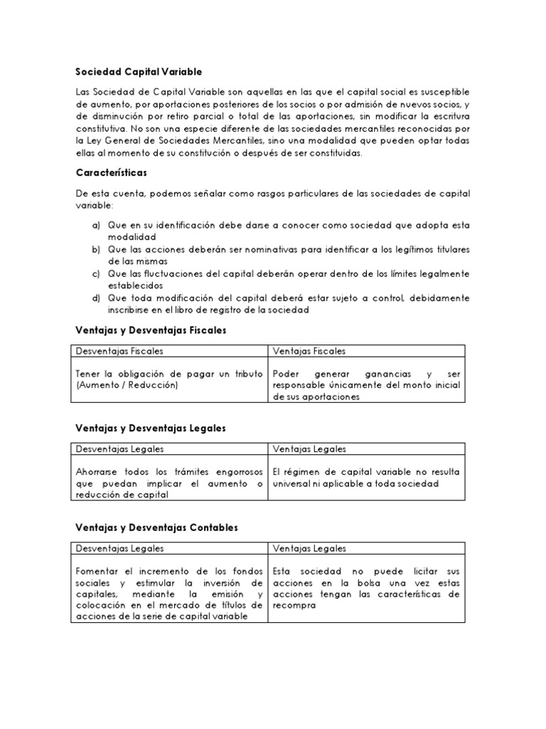 Características de la Sociedad Capital Variable | PDF | Finanzas y ...