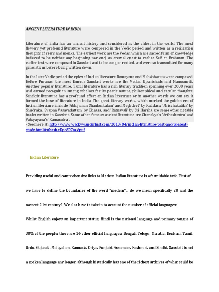 Ancient Indian Literature Overview | PDF | Indian Literature | Vedas