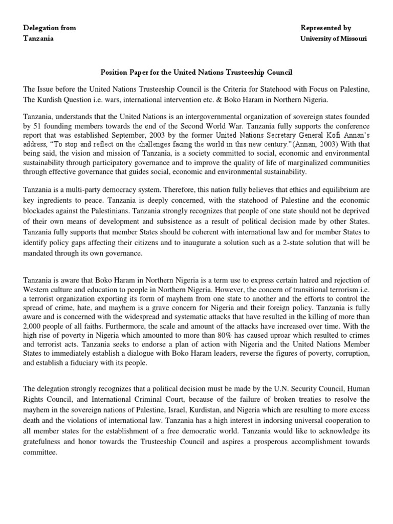 Position Paper Sample Sovereign State United Nations