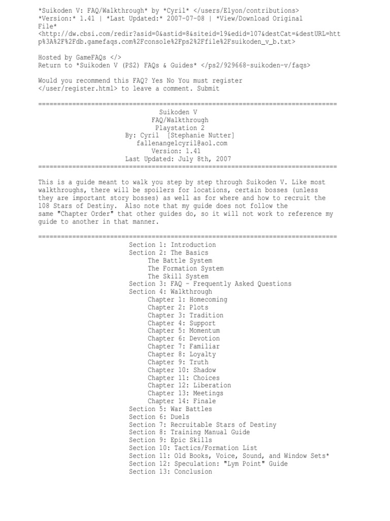 GameFAQs Suikoden V (PS2) FAQ - Walkthrough by Cyril | PDF | Leisure
