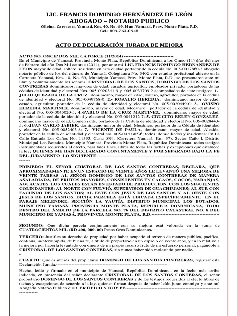 Acto de Declaracion Jurada 20143 República Dominicana