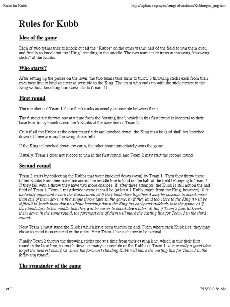 Rules for Kubb Games Of Physical Skill Sports